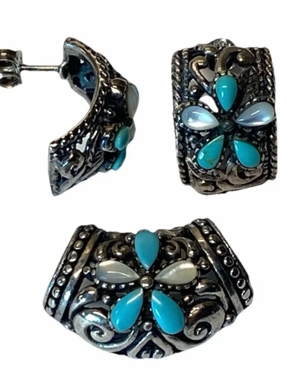 Vtg STH Sterling Silver Turquoise & Mother of Pearl Flower Slide Earrings Set